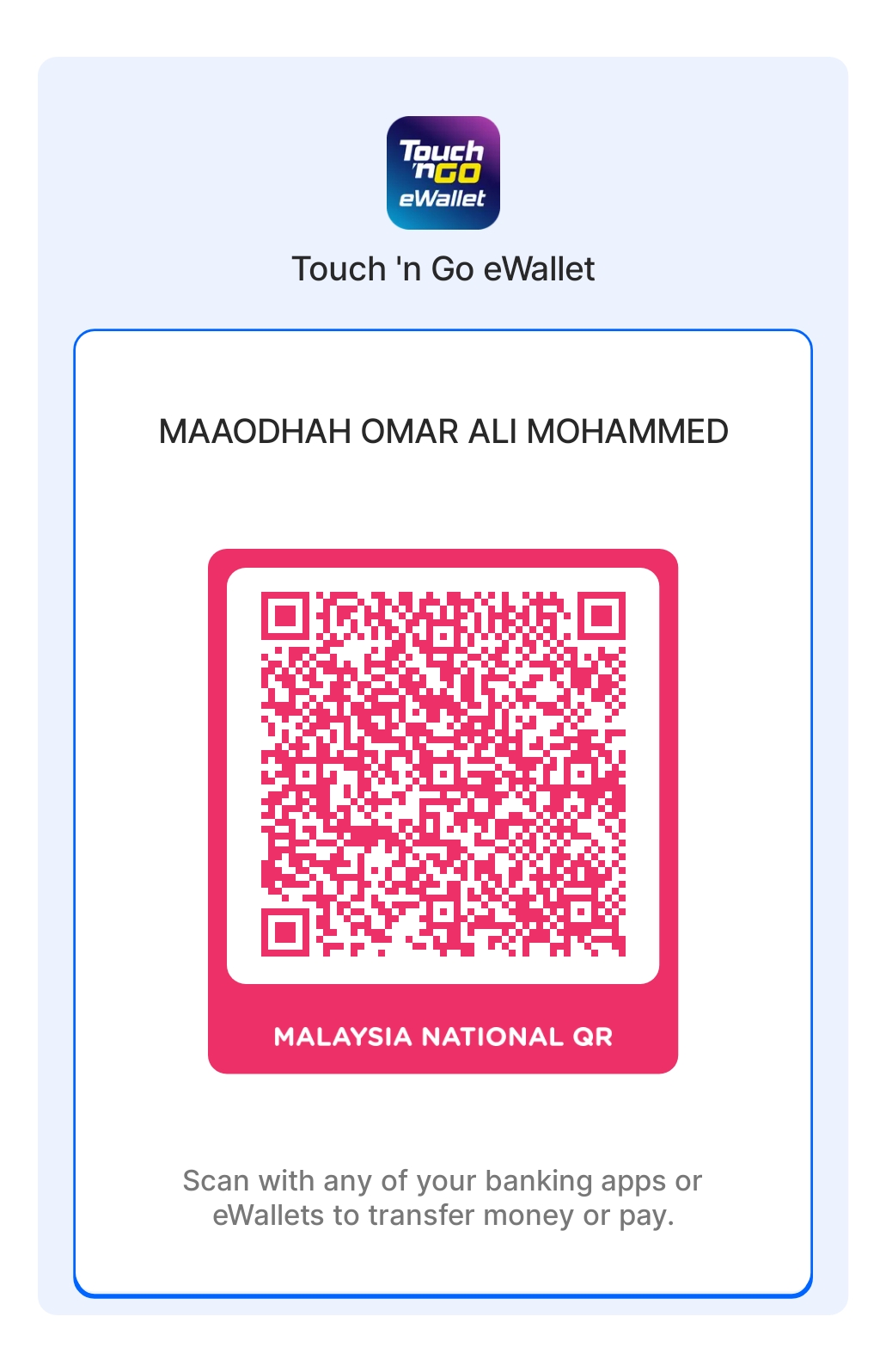 Touch 'n Go eWallet payment QR code